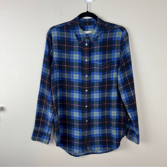 Equipment Femme Brett Blue Plaid Silk Button Down Blouse - Picture 2 of 6
